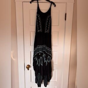 Vintage Boho Black Dress with Blue Embroidery & Lace-Up Corset Front